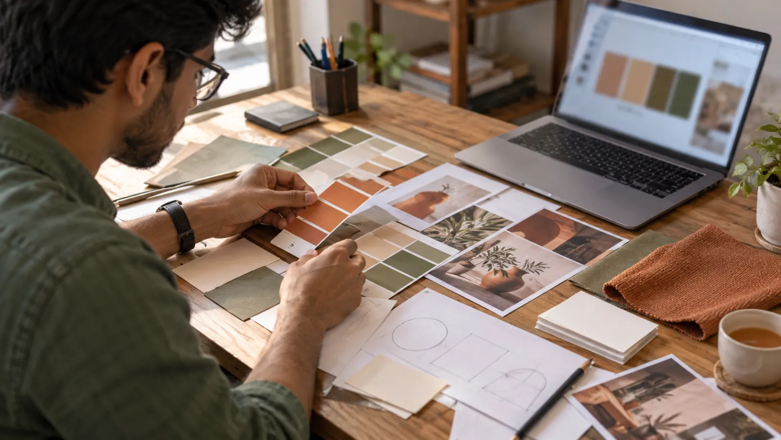 Designer in glasses arranges colour swatches, photo prints and fabric on a wooden table, a palette on his laptop