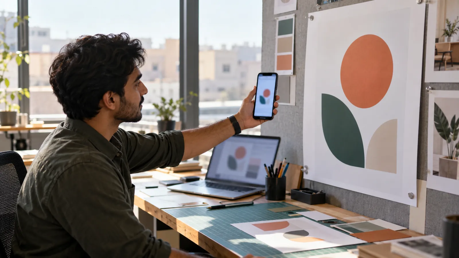 Designer holds up a phone beside a large wall print, comparing the same simple mark at small and large size