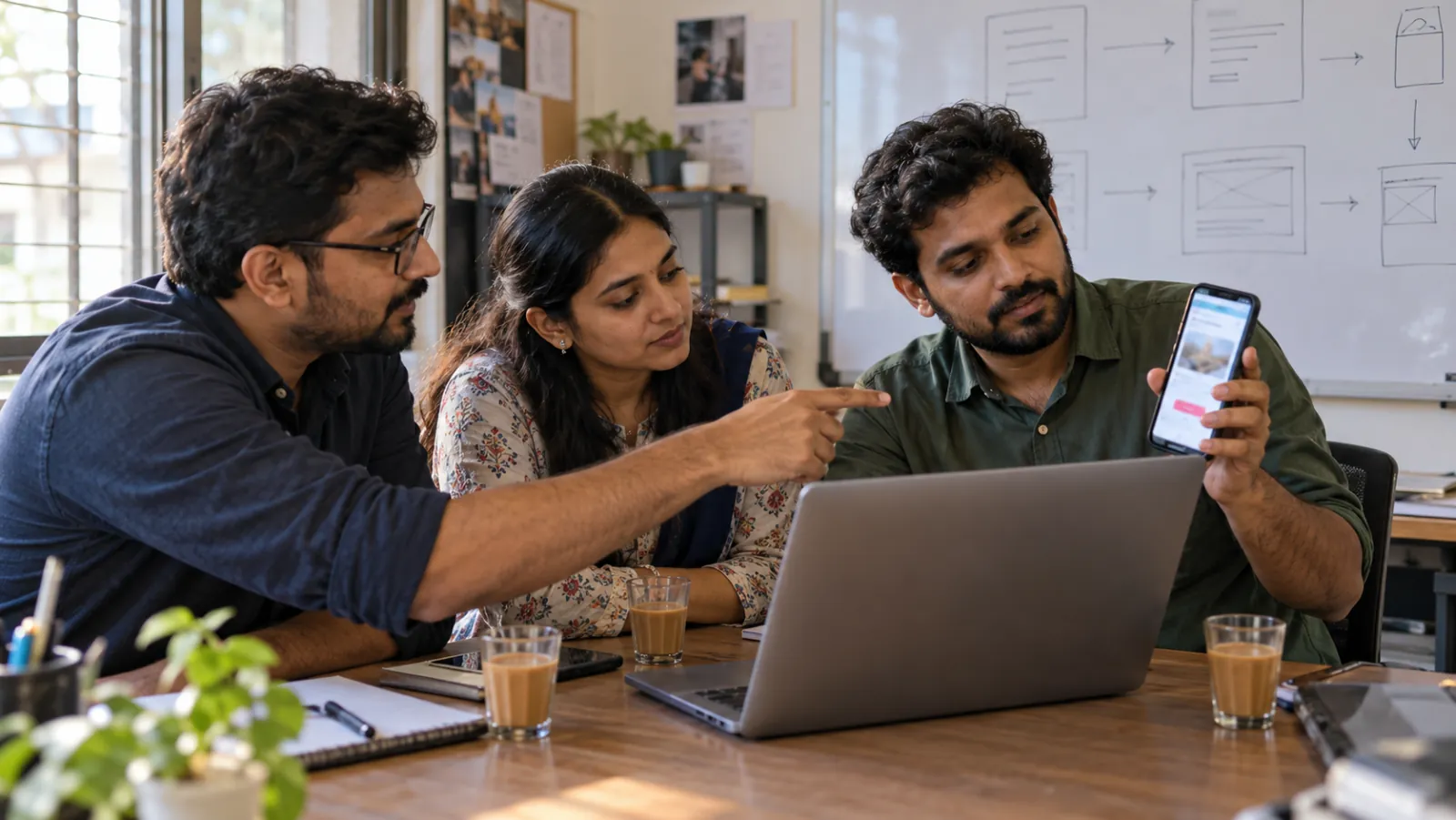 Three colleagues around a laptop in a Jalgaon office, one holding up a phone showing a page with one bright button