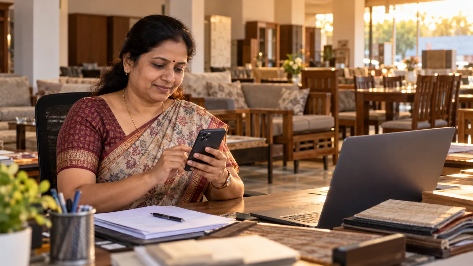 Furniture showroom owner in a saree replies to a new enquiry on her phone at her desk, wooden sofas behind her