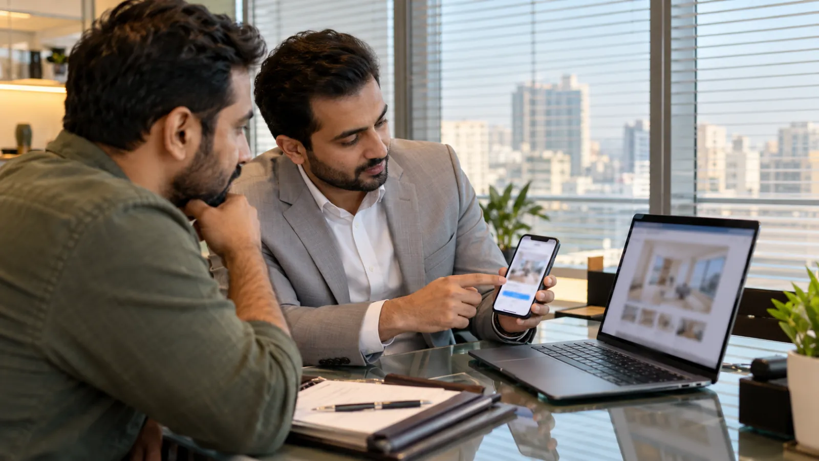 Dubai property broker in a grey suit shows a client a listing on his phone, the same listing open on a laptop