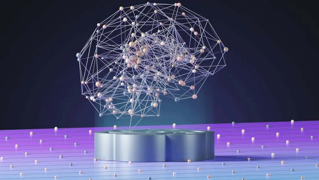 A glowing network of connected points above a circular base, like a model of how an AI system links information