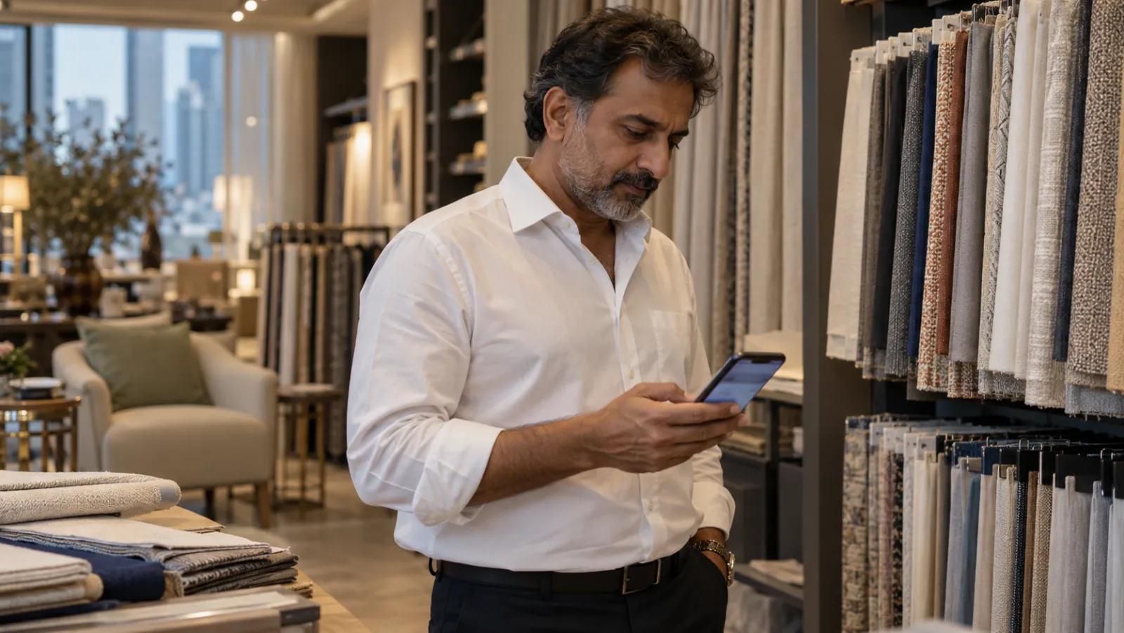 Showroom owner in a white shirt reads a drafted reply on his phone before sending it, beside racks of fabric swatches