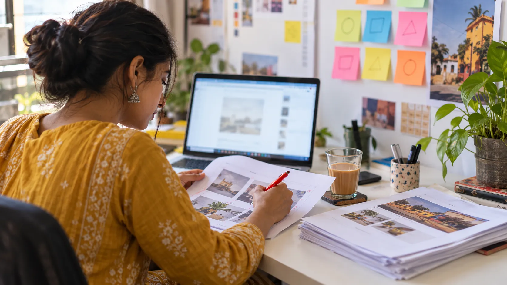 A content writer in a mustard kurta marks up a printed draft with a red pen, checking it against the document open on her laptop.
