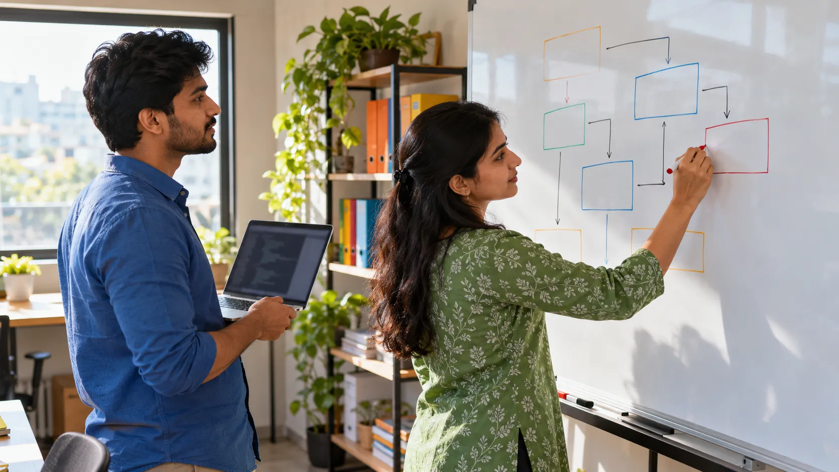 Two software founders plan a product at a whiteboard: she draws connected coloured boxes while he holds a laptop showing code.