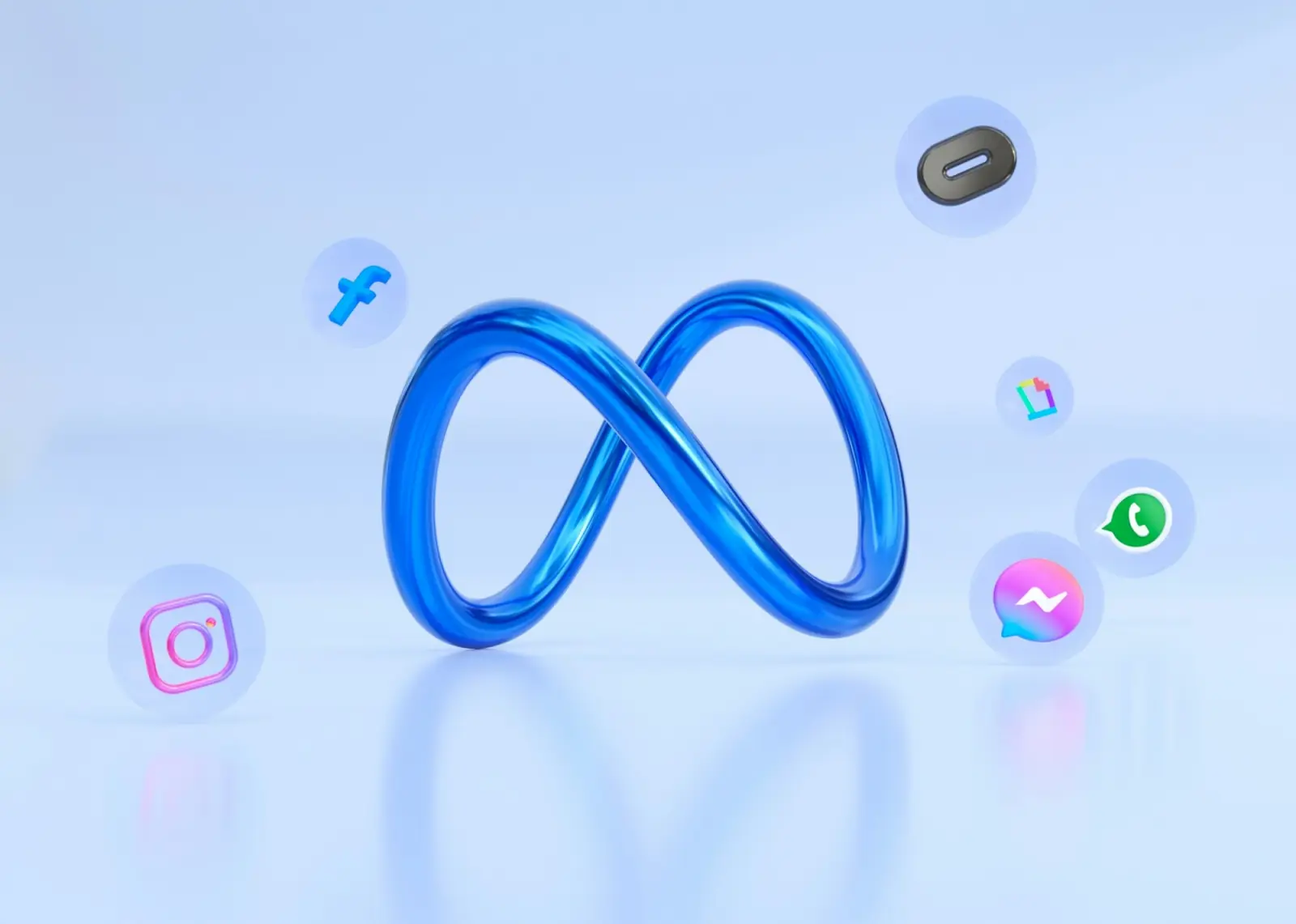 The blue Meta infinity logo surrounded by small Instagram, Messenger and WhatsApp icons