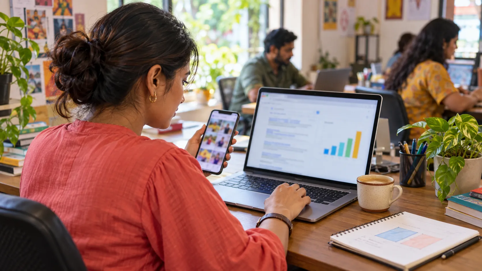 A marketer holds a phone showing a feed of image posts beside a laptop showing search results and a rising bar chart.