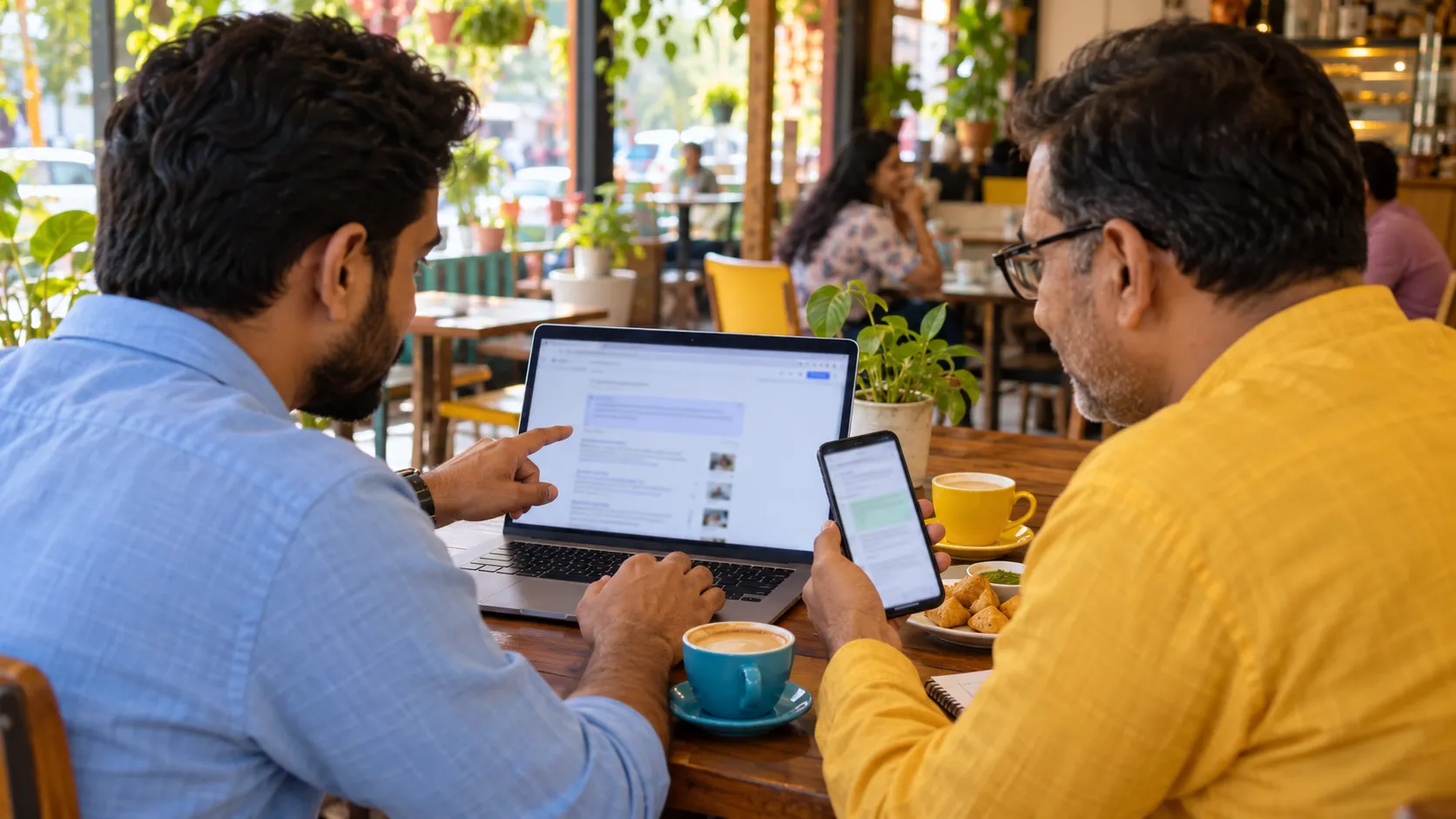 A marketing consultant and a cafe owner compare a search results page on a laptop with a chat answer on a phone at a cafe table.