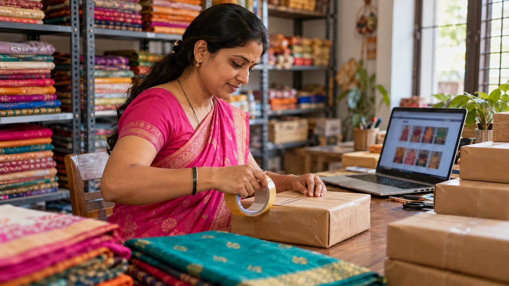 An online store owner in a pink saree tapes up a parcel in her stockroom, surrounded by colourful textiles, her product page open on a laptop.