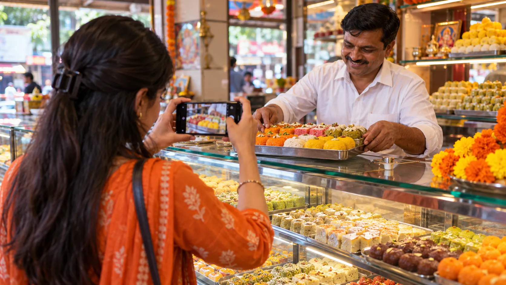 A social media manager films a tray of colourful Indian sweets on her phone while the smiling shop owner arranges it on the counter.