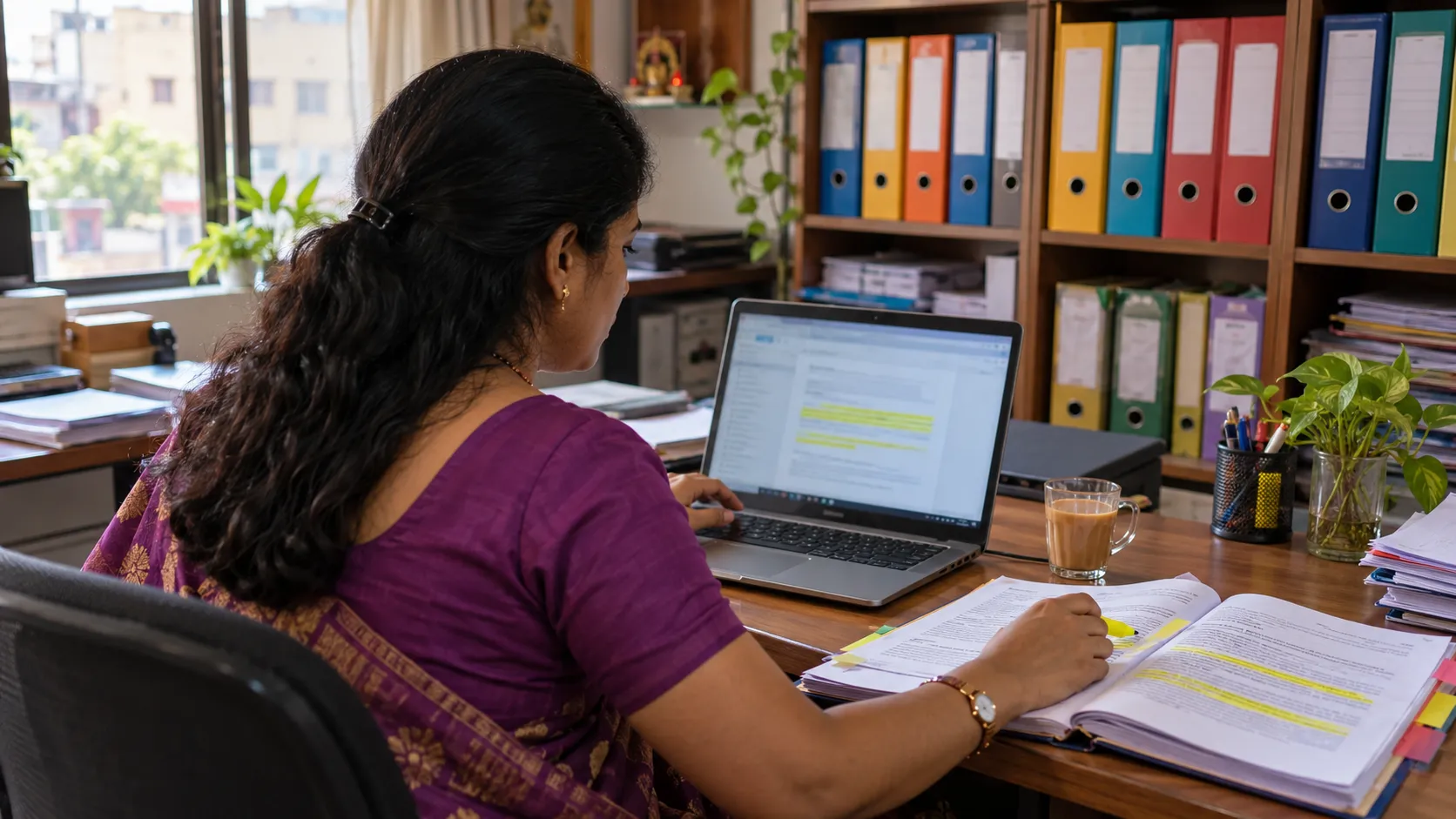 An office manager checks highlighted lines on her laptop against the same lines highlighted in an open paper file, shelves of colourful box files behind her.