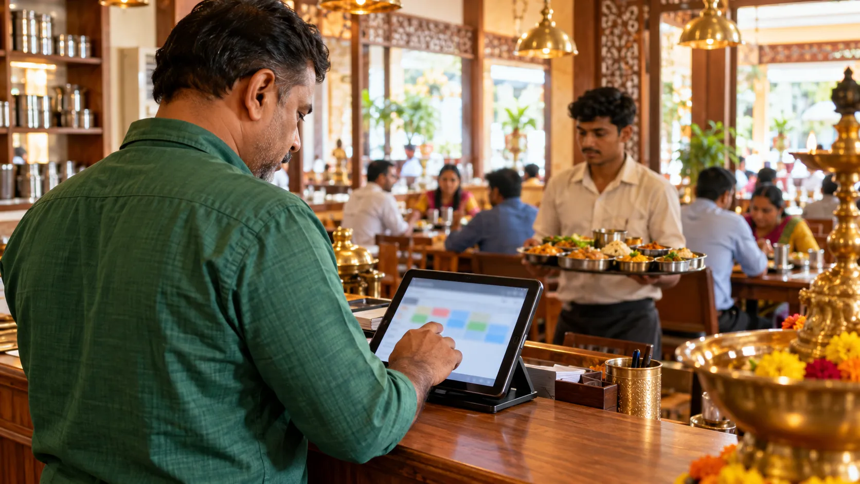 A restaurant owner checks a row of coloured blocks on a tablet at the billing counter while a waiter carries a tray of thalis across the busy room.