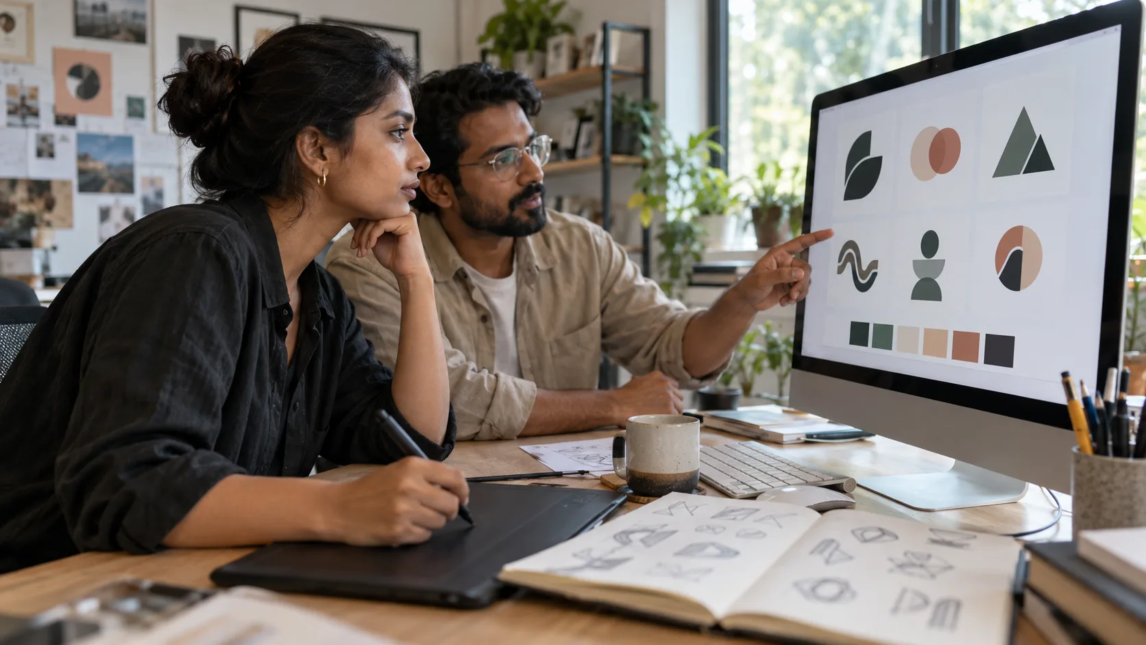 A designer and a business owner review logo options and a colour palette on a large monitor, with logo sketches on the desk.
