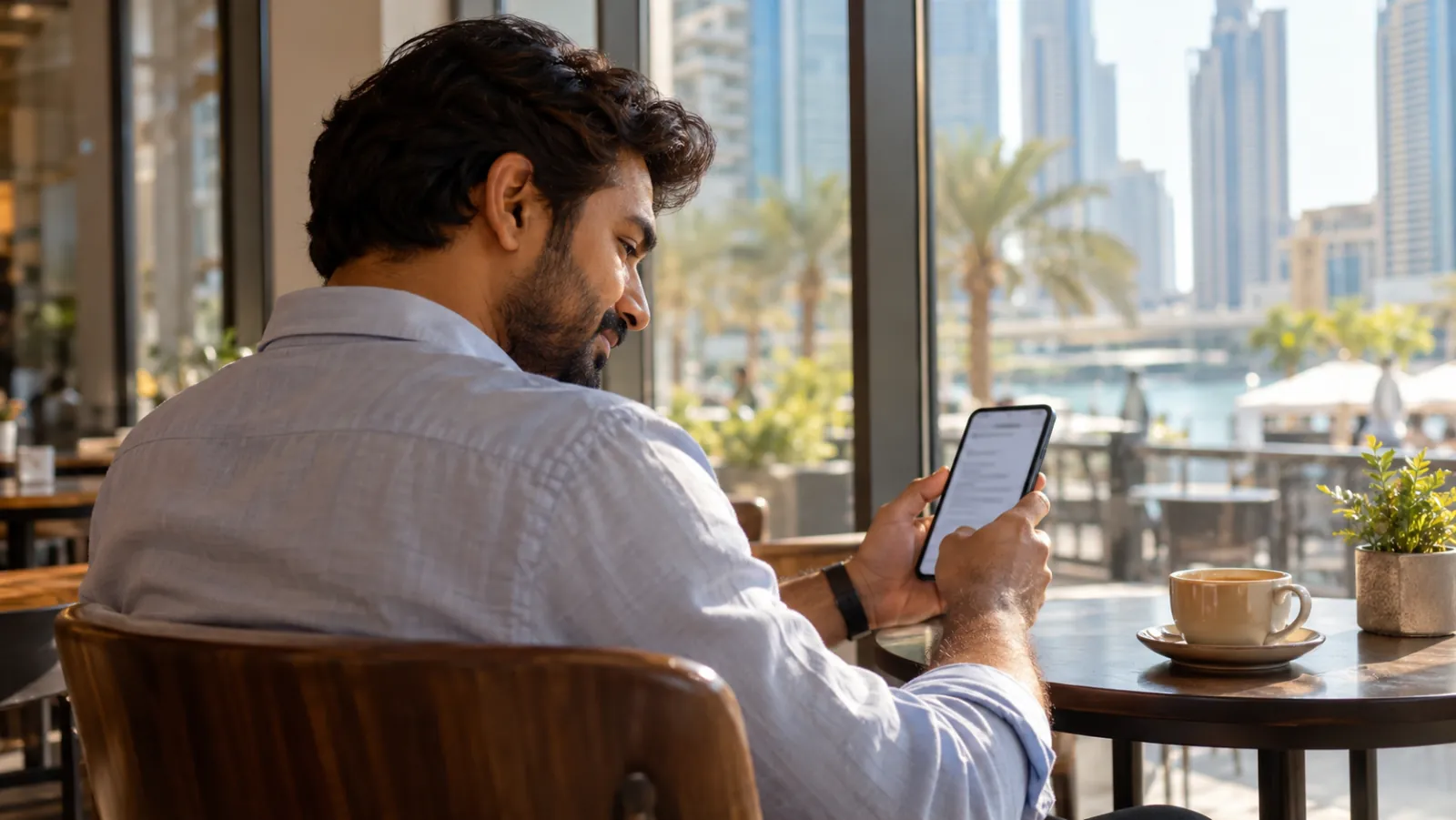 Man in a blue shirt reads a long AI answer on his phone at a Dubai cafe table, a cup of tea beside him