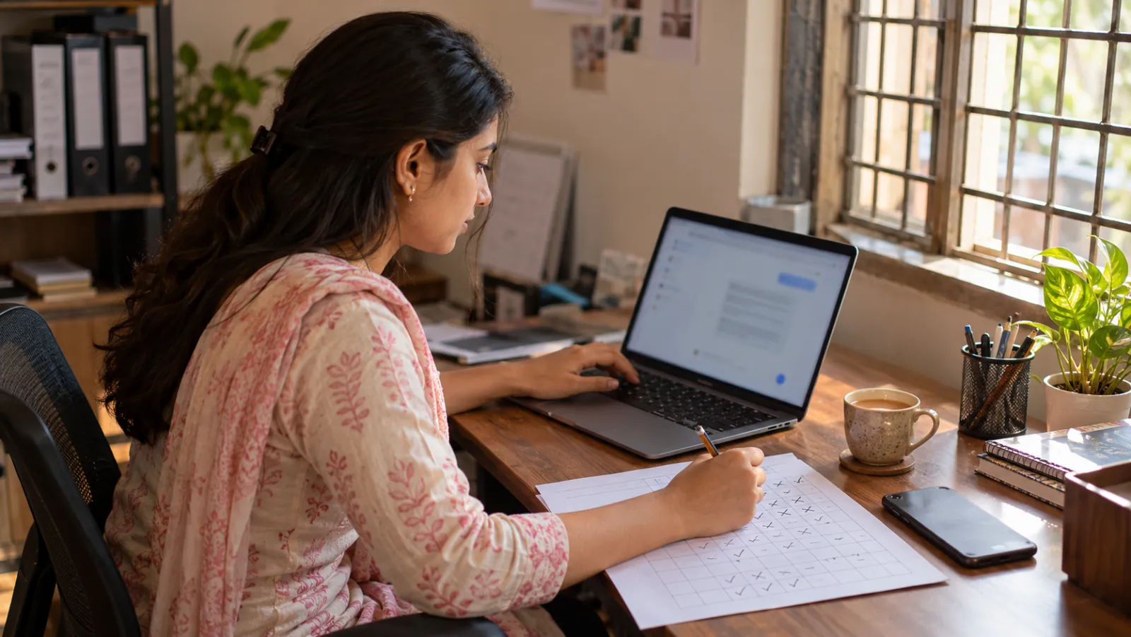 Woman in a kurta types a question into an AI chat on her laptop while ticking a paper grid in pencil, chai beside her