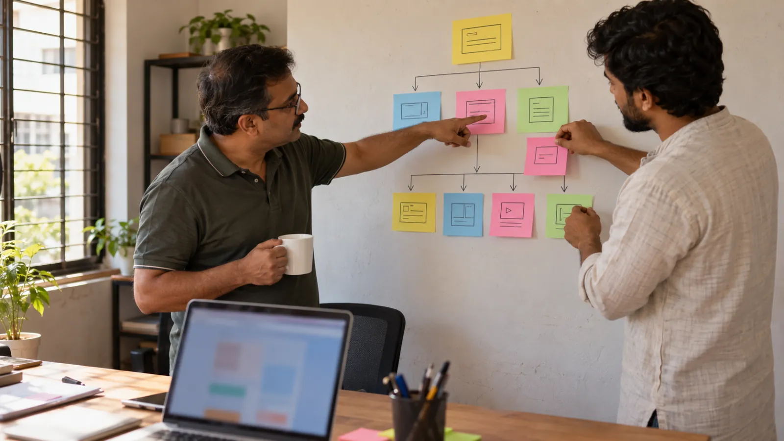A business owner holding a mug and a consultant in a kurta map website pages on a wall with coloured sticky notes