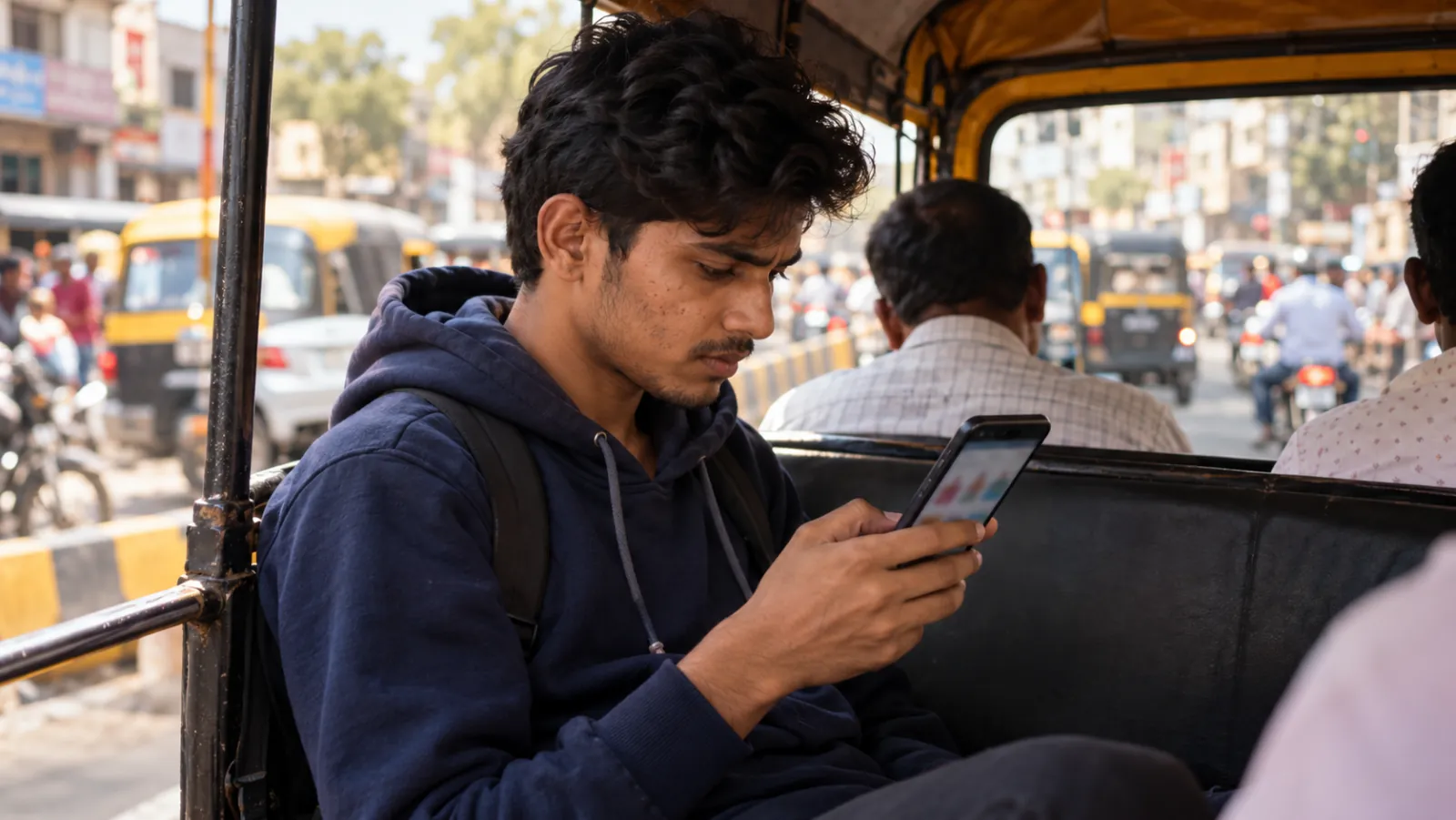 Young man in a hoodie taps a shopping site on his phone and waits, riding in a shared auto-rickshaw in traffic