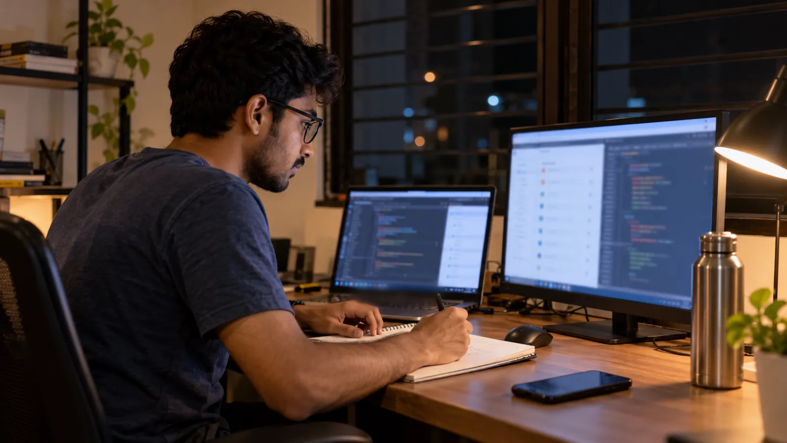 Developer in glasses compares two analytics dashboards on a laptop and a monitor in a Jalgaon office, taking notes