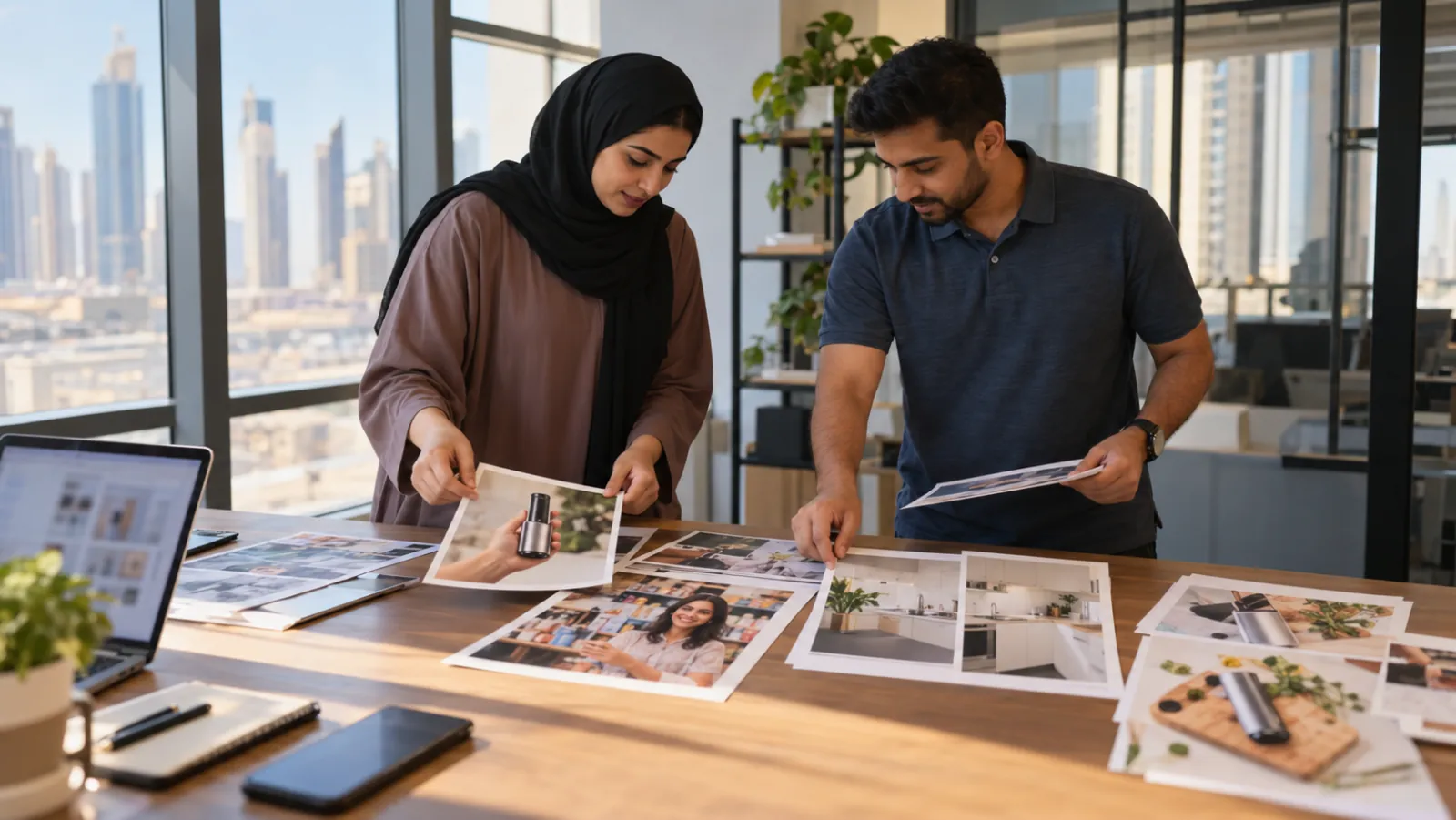 Two marketers in a Dubai office sort printed ad ideas: a product demo, a smiling customer, a kitchen and a flat-lay