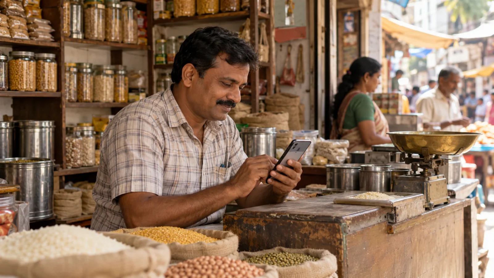 Jalgaon shopkeeper in a checked shirt replies to an order on his phone behind a counter of grain sacks and a brass scale