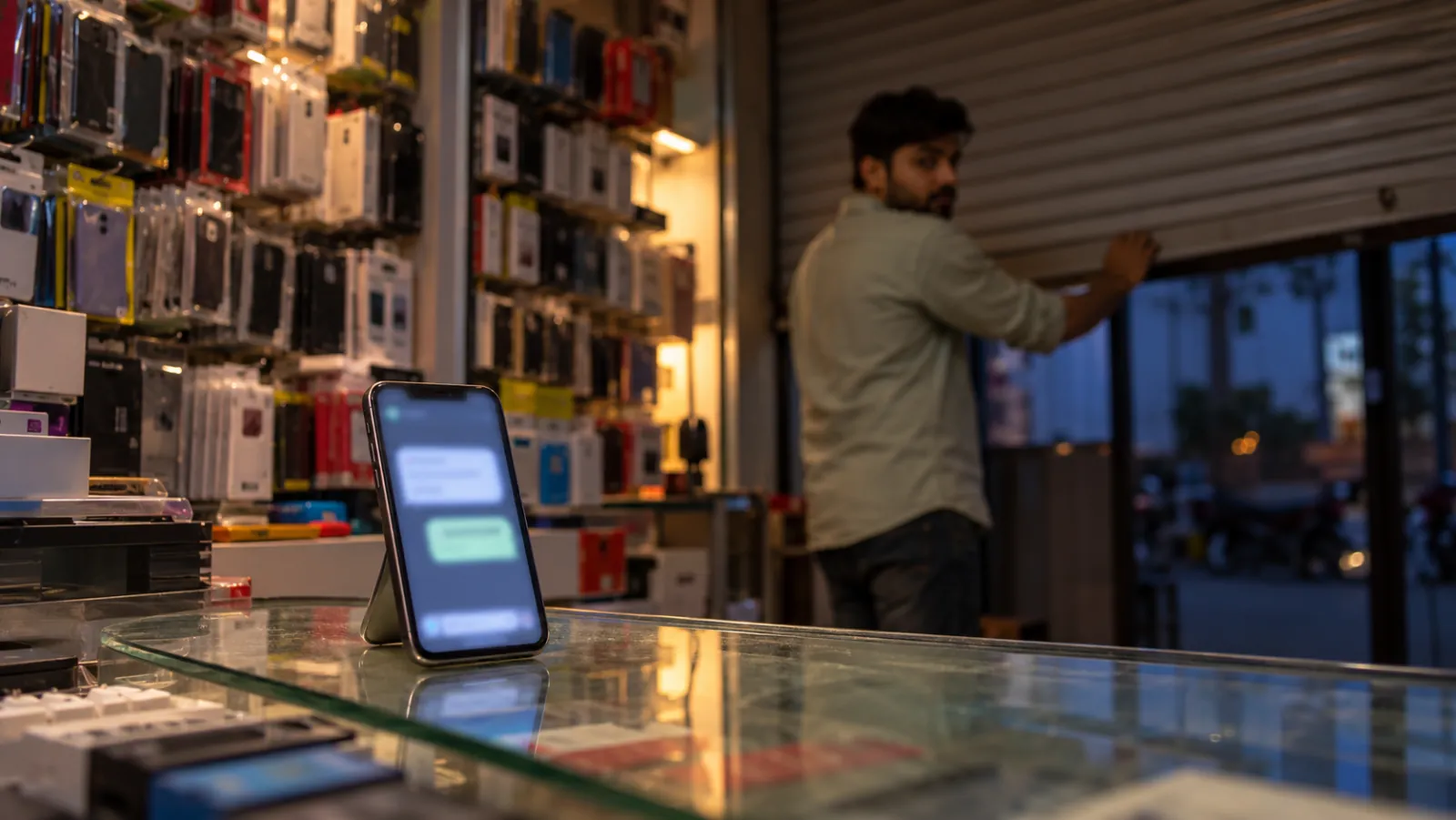 A phone on a shop counter lights up with a message and an instant reply as the owner pulls the shutter down for the night