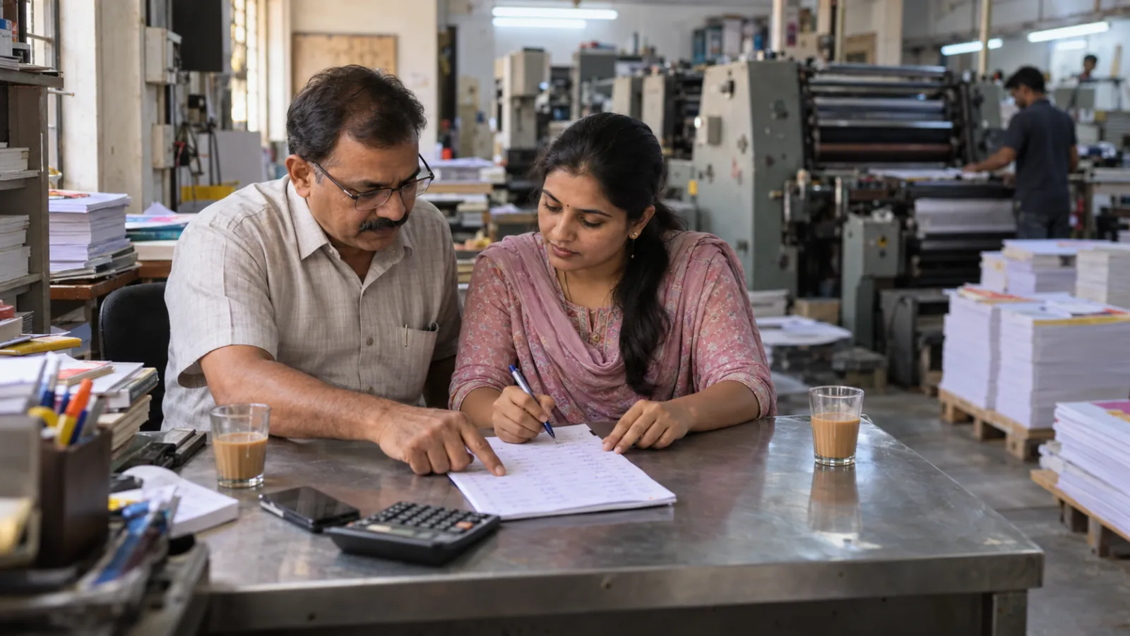 Printing press owner and office manager tick through a handwritten weekly task list, presses running behind them