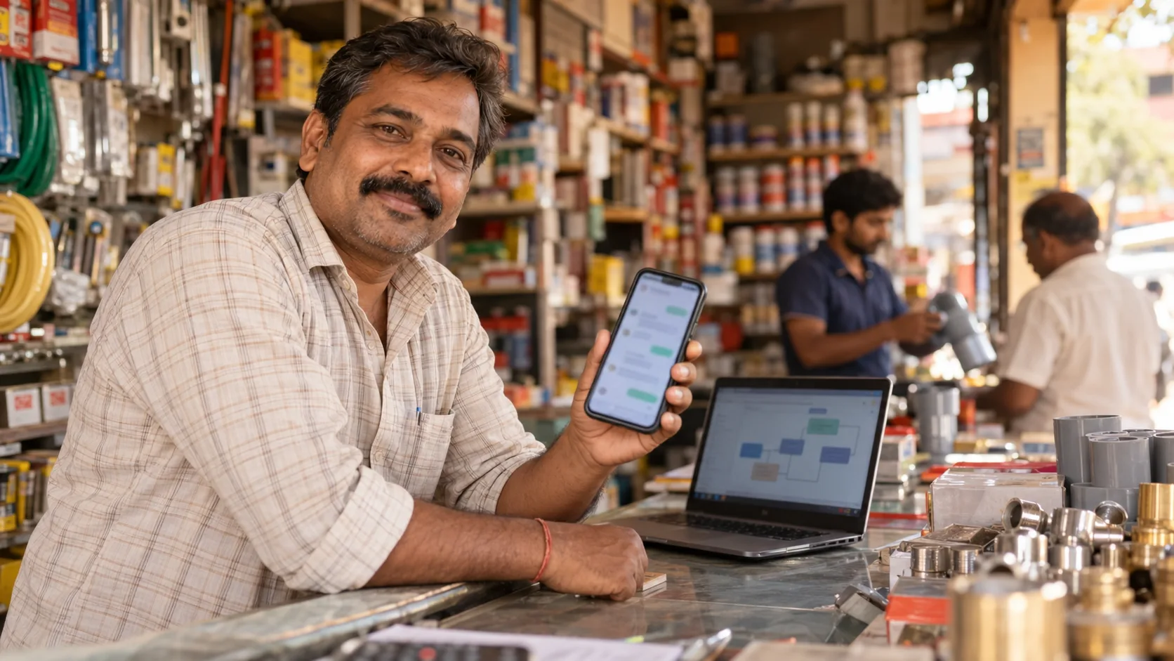 A hardware shop owner at his counter holds up a phone of answered customer chats, with a workflow on the laptop beside him.