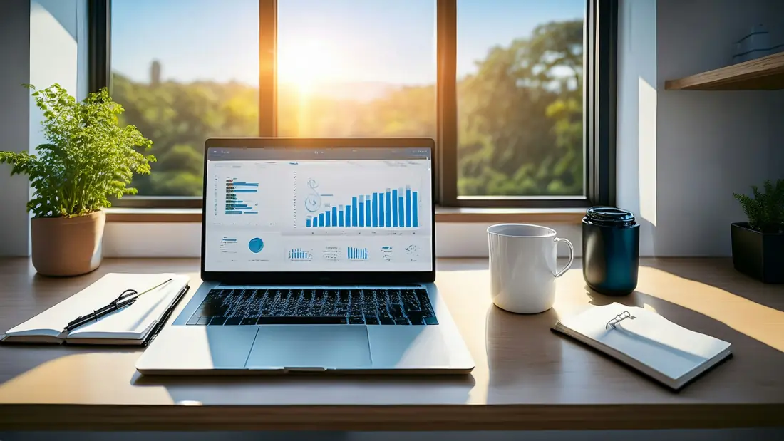 A laptop showing growth charts on a desk by a sunny window