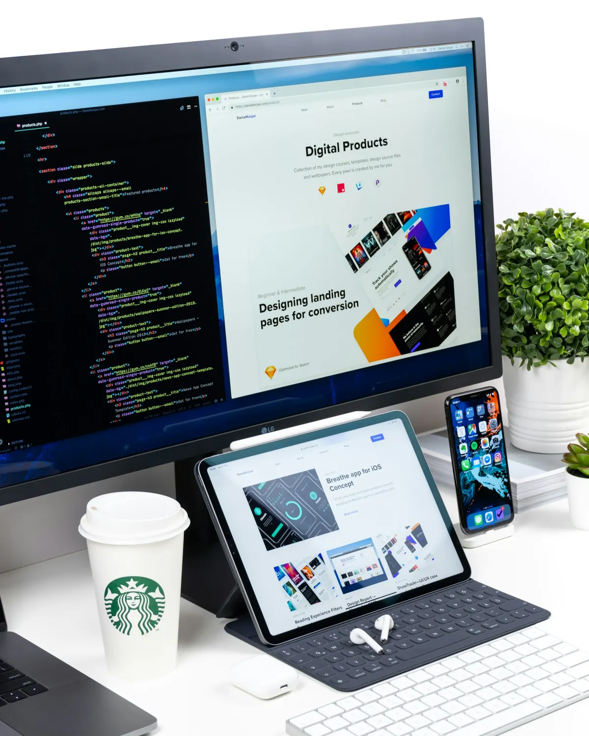 A desktop screen showing website code beside the finished landing page design, with the same site open on a tablet and a phone
