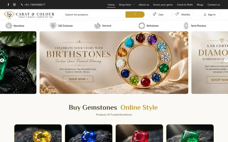 Carat and Colour website homepage, Certified gemstones and fine jewellery