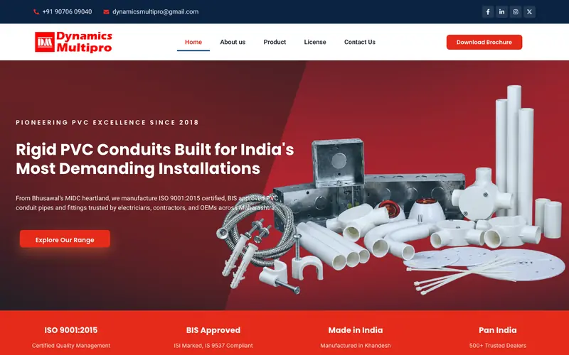 Dynamics Multipro website homepage, PVC conduit pipes and fittings manufacturer, Bhusawal