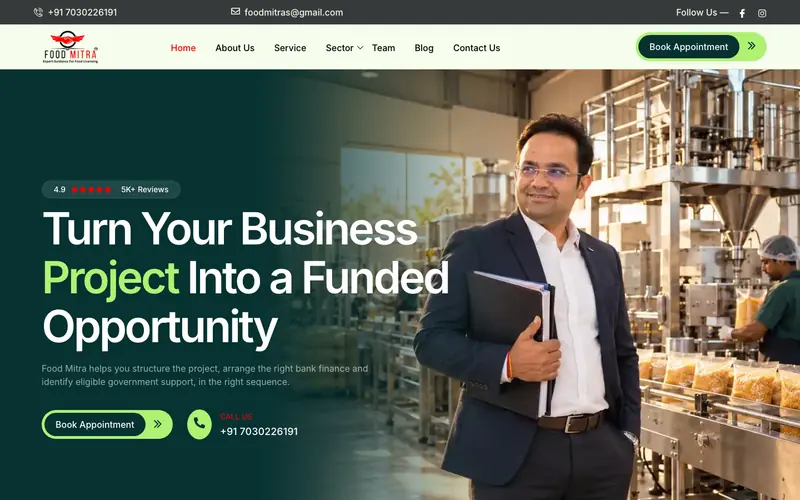 Food Mitra website homepage, Project finance and government subsidy consultants