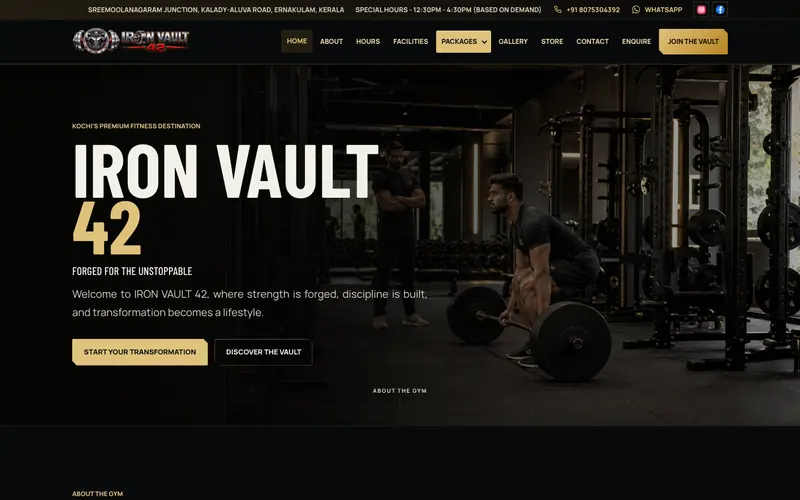 Iron Vault 42 website homepage, Premium gym, Kochi