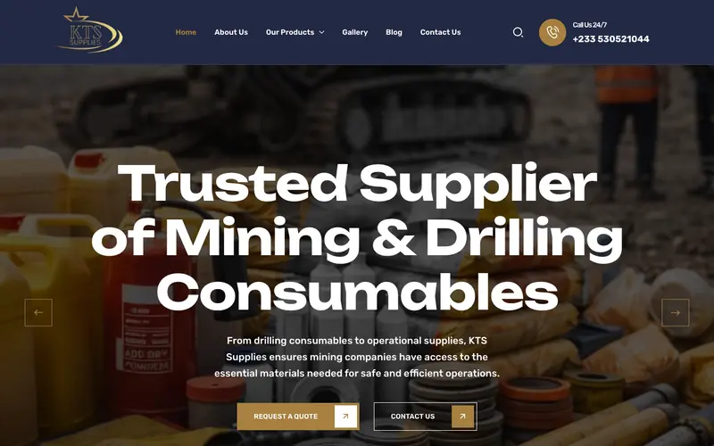 KTS Supplies website homepage, Mining and drilling consumables