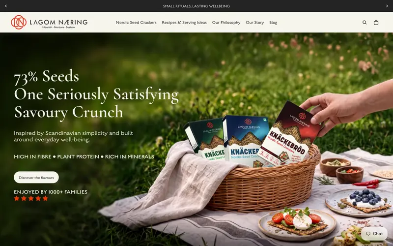 Lagom Næring website homepage, Nutrition brand, Nordic seed crackers