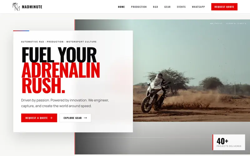 Madminute website homepage, Automotive R&D and riding gear