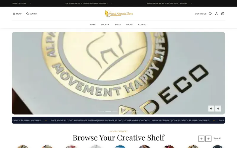 Meraki Artencial Store website homepage, Resin art and craft supplies