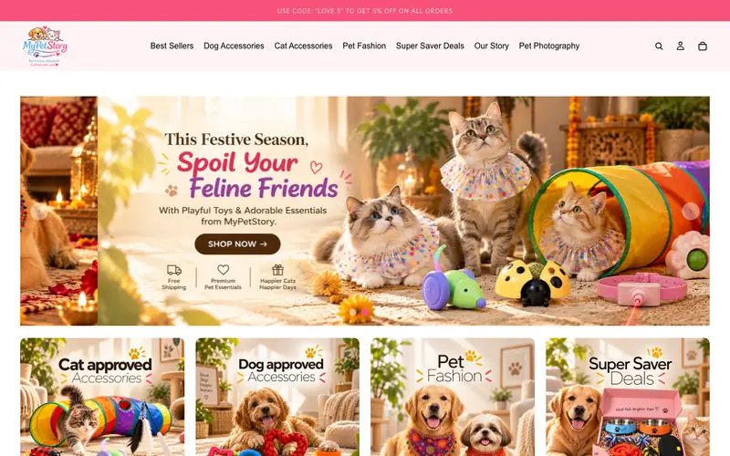 My Pet Story website homepage, Pet accessories and care products