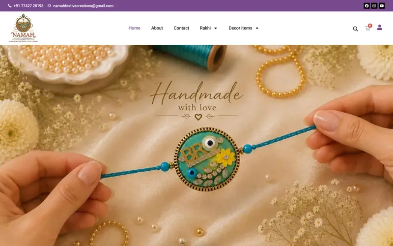 Namah Festive Creations website homepage, Handmade festive decor and gifting