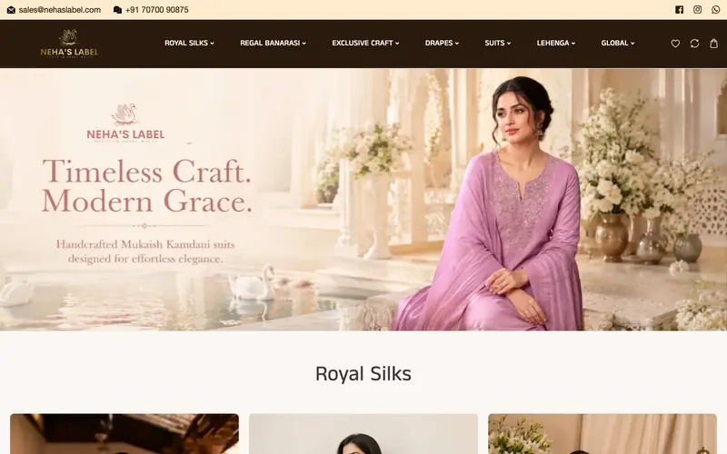 Neha's Label website homepage, Bridal couture and handcrafted silks