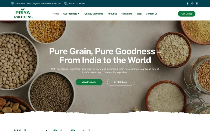 Priya Proteins website homepage, Pulses, spices and grains exporter