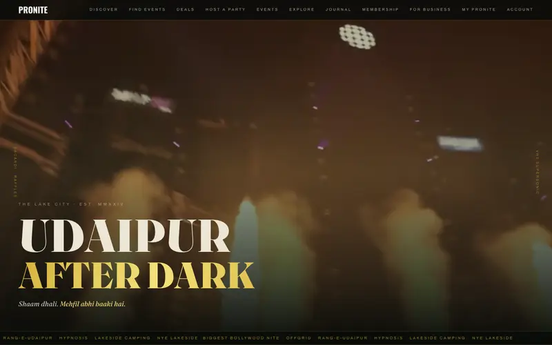 Pronite website homepage, Events and nightlife, Udaipur