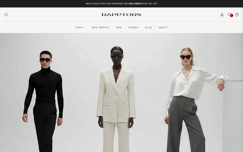 Rapptors website homepage, Luxury sunglasses and eyewear