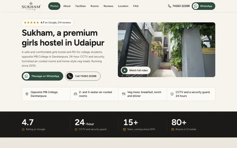 Sukham Girls Hostel website homepage, Girls' hostel, Udaipur