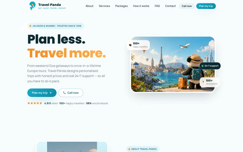 Travel Panda website homepage, Handcrafted tours from Jalgaon