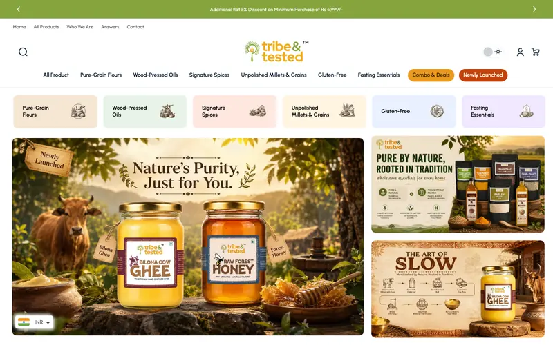 Tribe and Tested website homepage, Wood-pressed oils, spices and flours